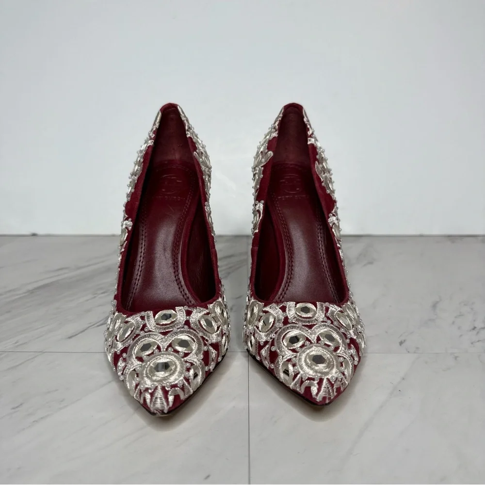 Tory Burch Francesca Red White Embroidered Pointy Toe Pump 5 1/2 M